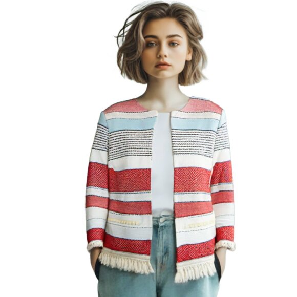 J. McLaughlin Davis Red Blue Cream Mixed Stripe Fringe hem Jacket, Size XS - Picture 1 of 8